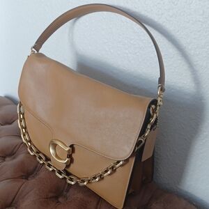 Coach Tan Leather Shoulder Bag with Gold Chain